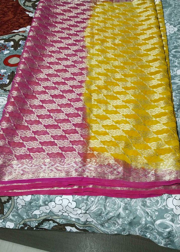 Yellow And Pink Sari Without Blouse