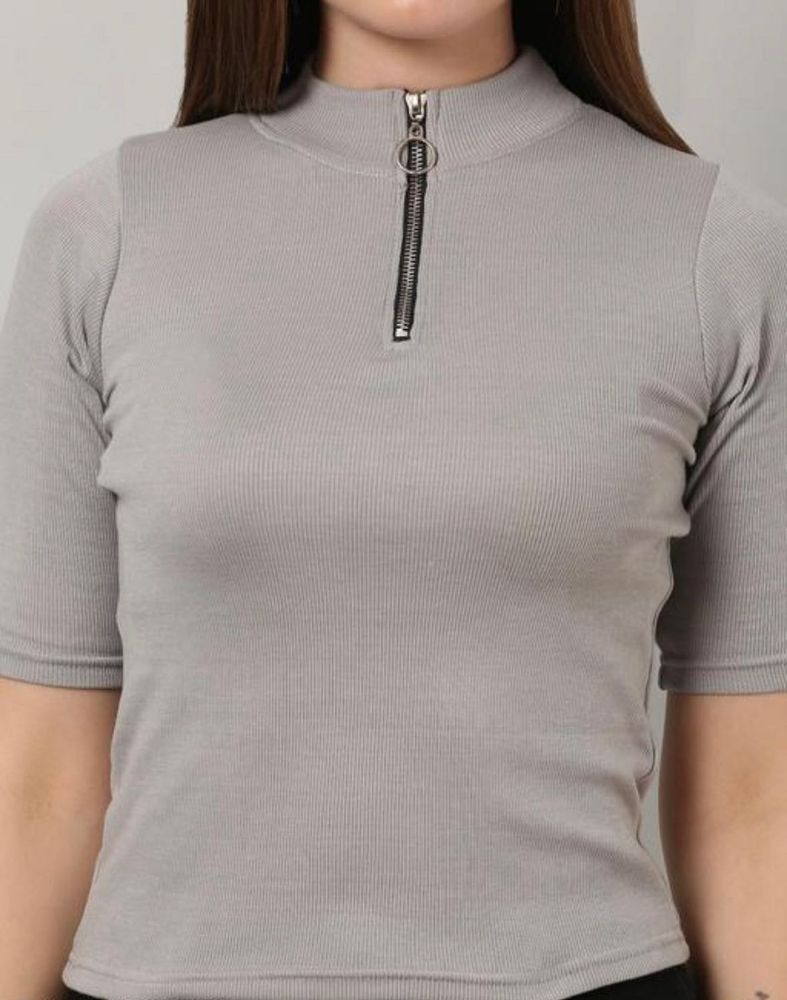 Grey-green Ribbed Zip-Up Top