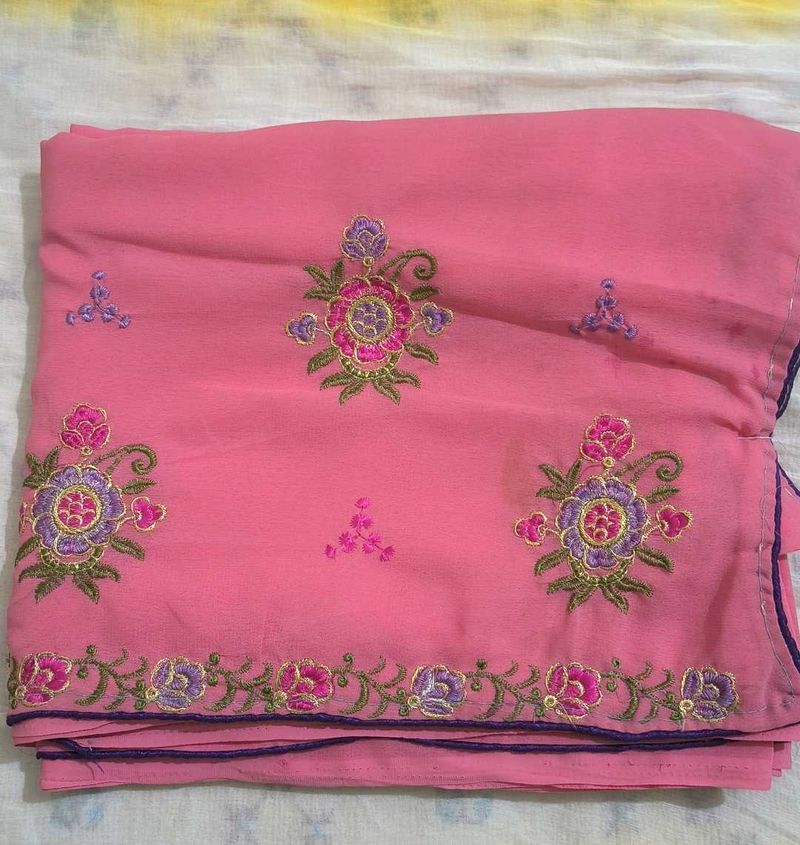 Pink Floral Embroidered Saree