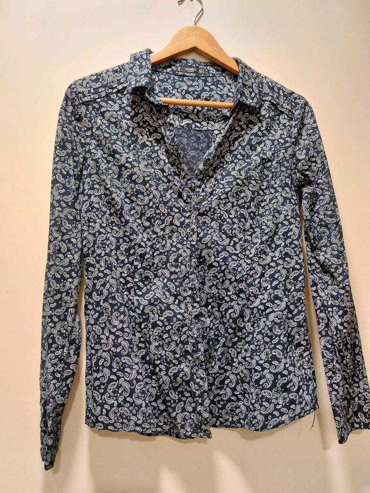 Navy Cotton Paisley Shirt From MANGO