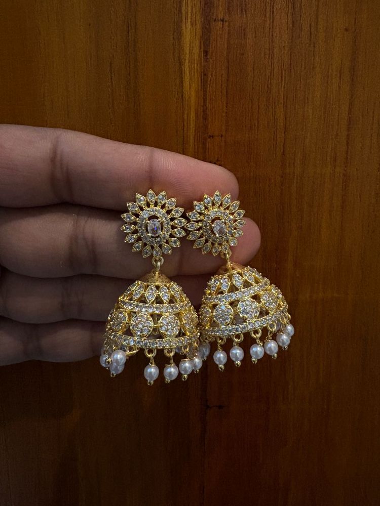 white AD Stone Golden Jhumka  For Women’s &amp; Girls