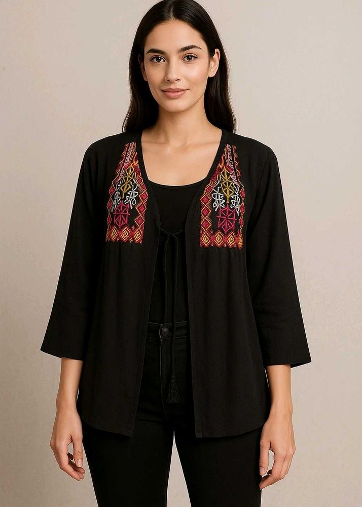 Embroidered Black Open Front Cardigan Shrug