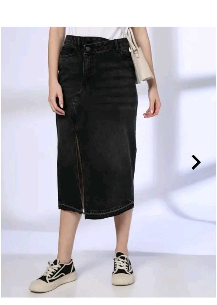 Black Denim Slit Midi Skirt