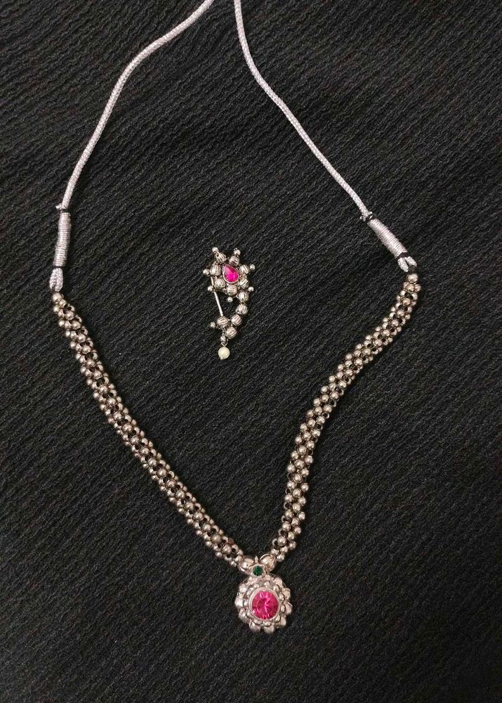 Oxidized Silver Necklace &amp; Nose Pin