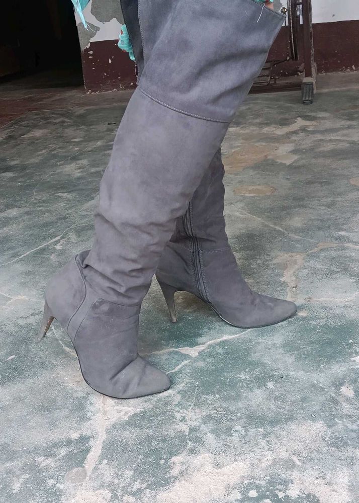 Grey Thigh High Heel Boots