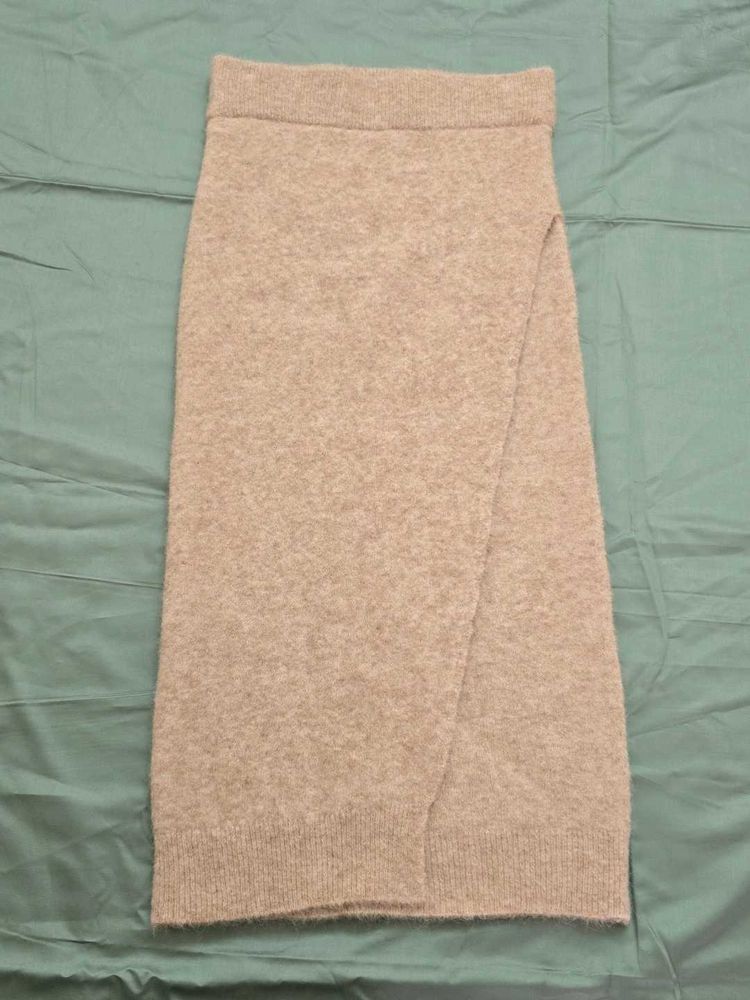 Beige Knit Wrap effect Skirt