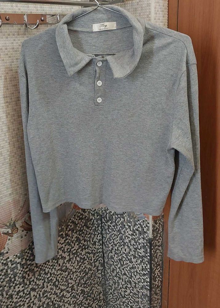 Polo Collar Loose Crop Sweatshirt