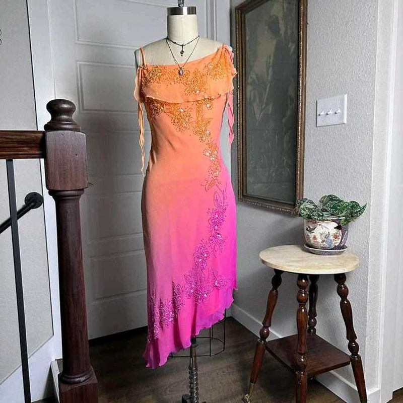 Spaghetti Straps Ombre Orange Chiffon Beaded Gown