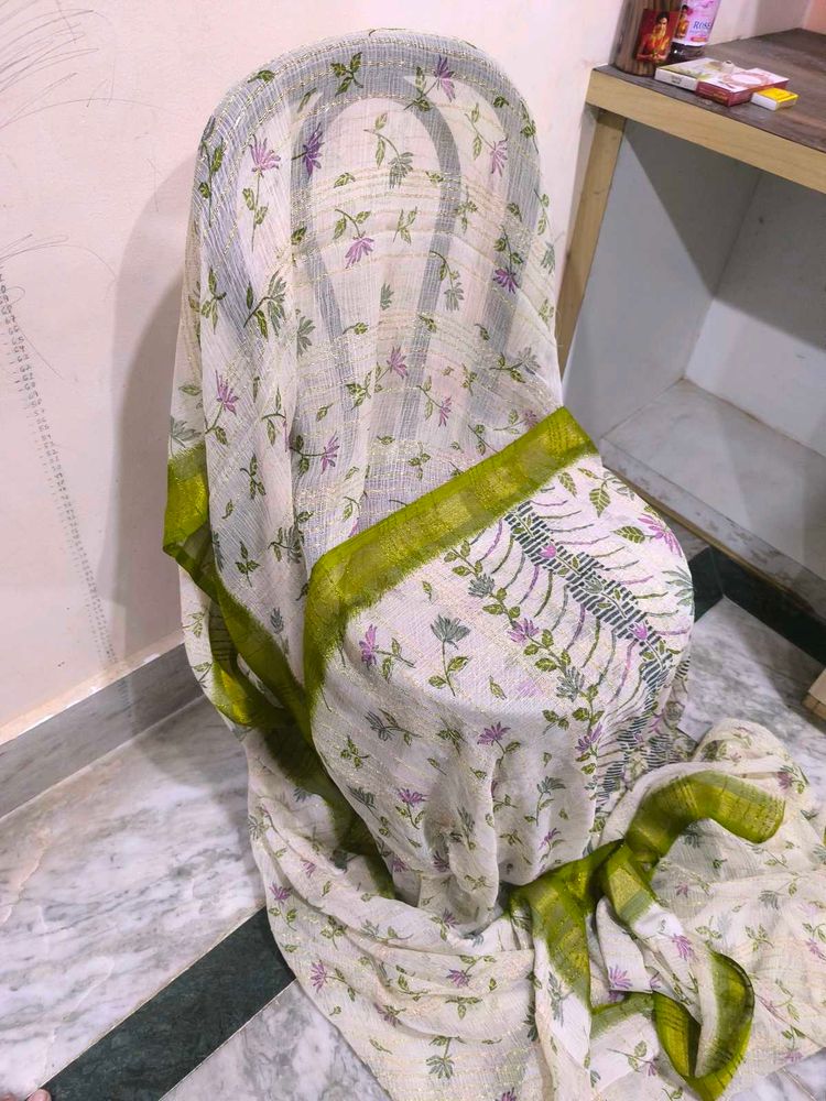 White Saree With Green Leaf Prints