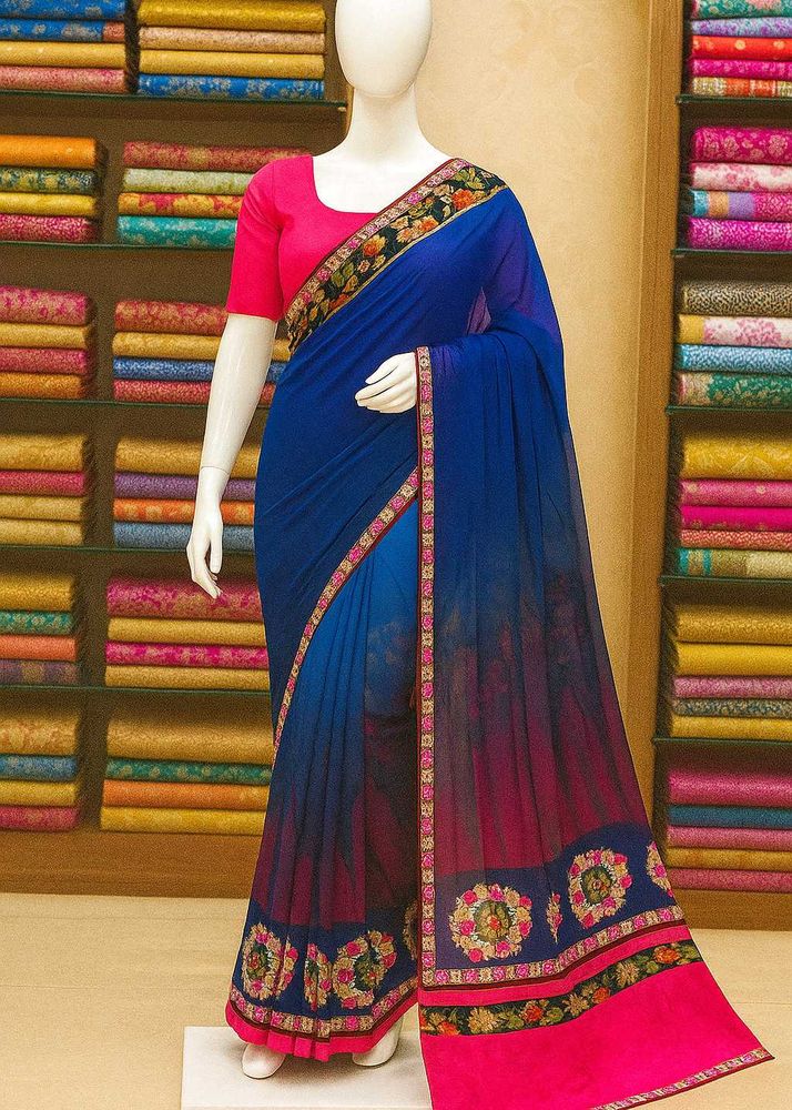 Elegant Blue &amp; Pink Embroidered Saree