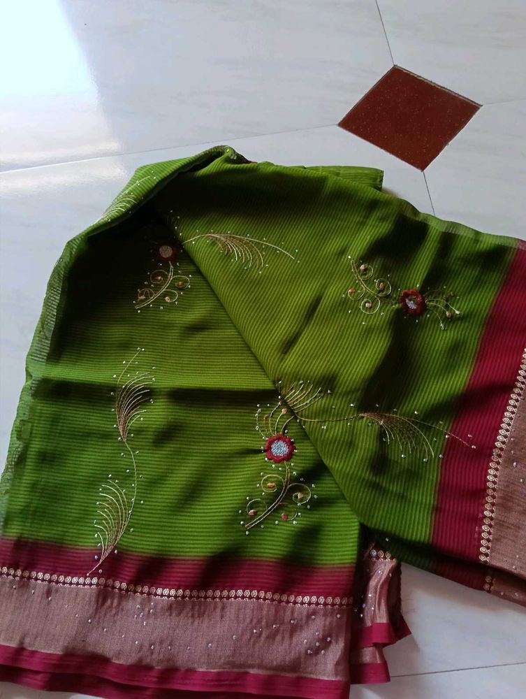 Green Embroidered Saree Maroon Embroidery Sare