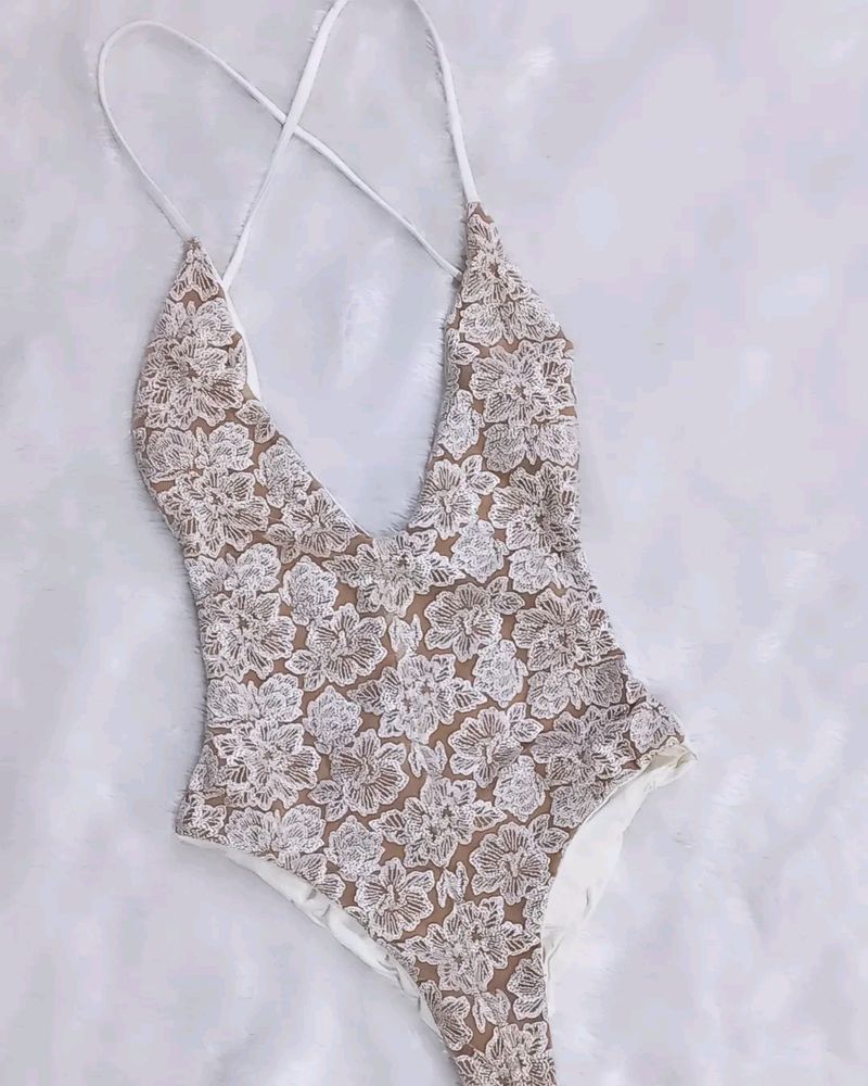 Floral Lace Plunge One-Piece Swimsuit