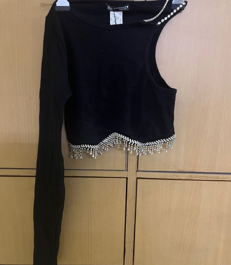 Zara Off Shoulder Rib Stretch Top With Tassel