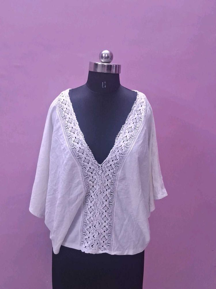 White Lace V-Neck Top Loose Fit