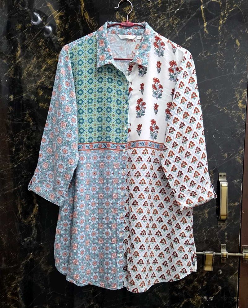 White And Blue Printed Straight Tunic