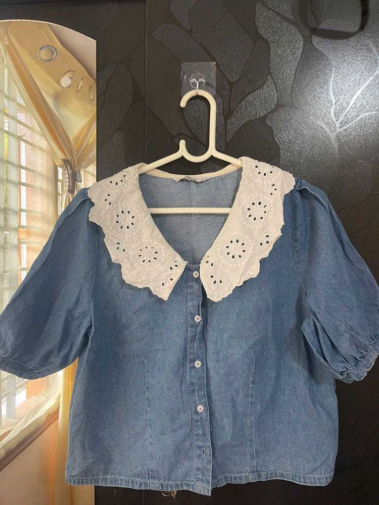 Denim Top with Lace Collar