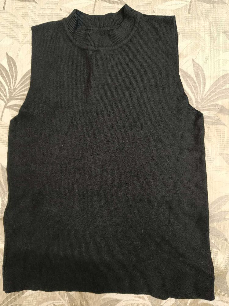 Black Ribbed Sleeveless Tank With Turtle neck