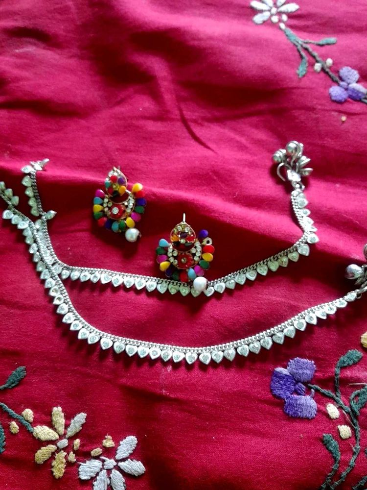 Oxidized Silver Anklet with Earrings