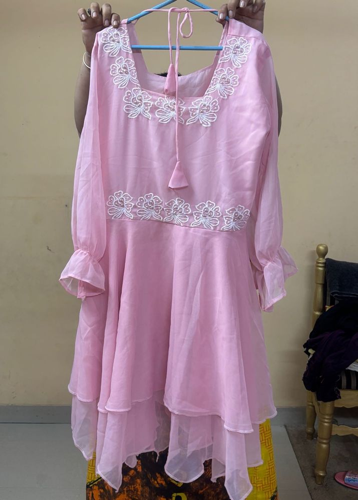Beautiful Pink Chiffon Kurta With Beads Embroidery