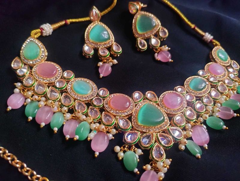 Mint &amp; Rose Quartz Kundan Jewelry Set