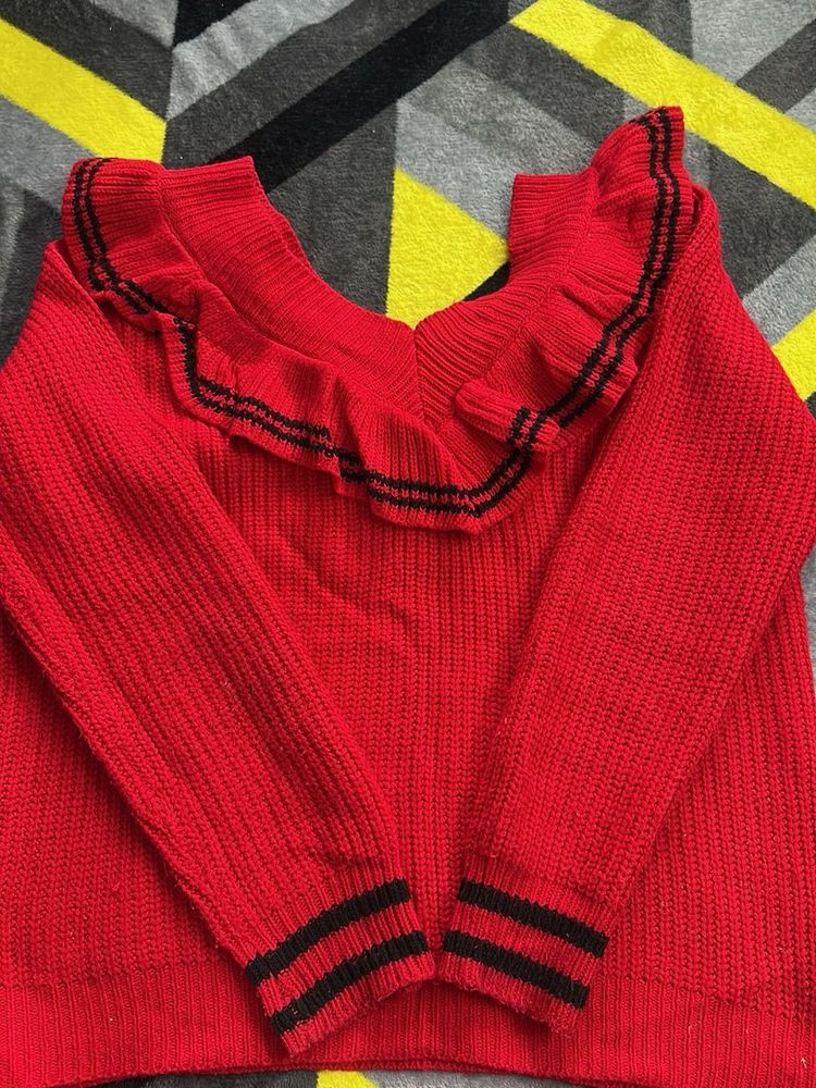 Red Ruffle Trim Knit Sweater