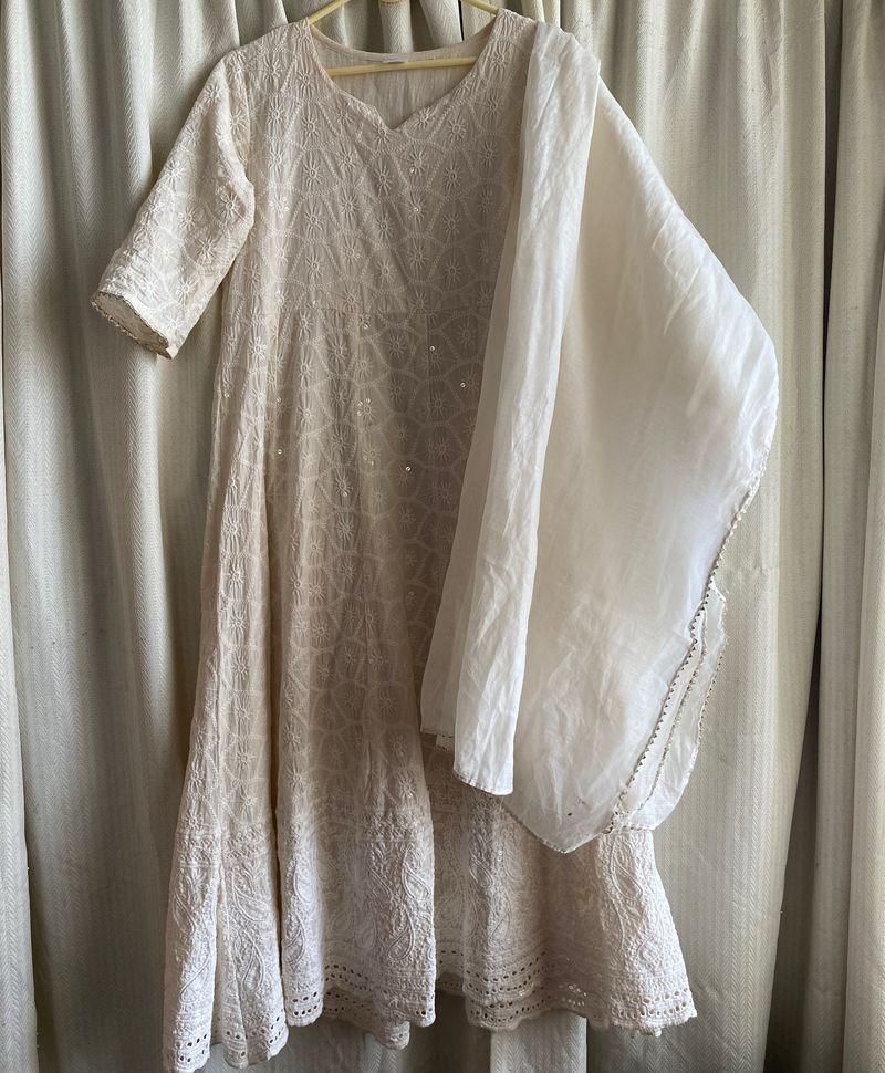 White Chikankari Anarkali Set With Dupatta