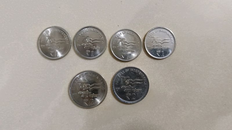 One And Two Rupees Coins 75 Years Independence