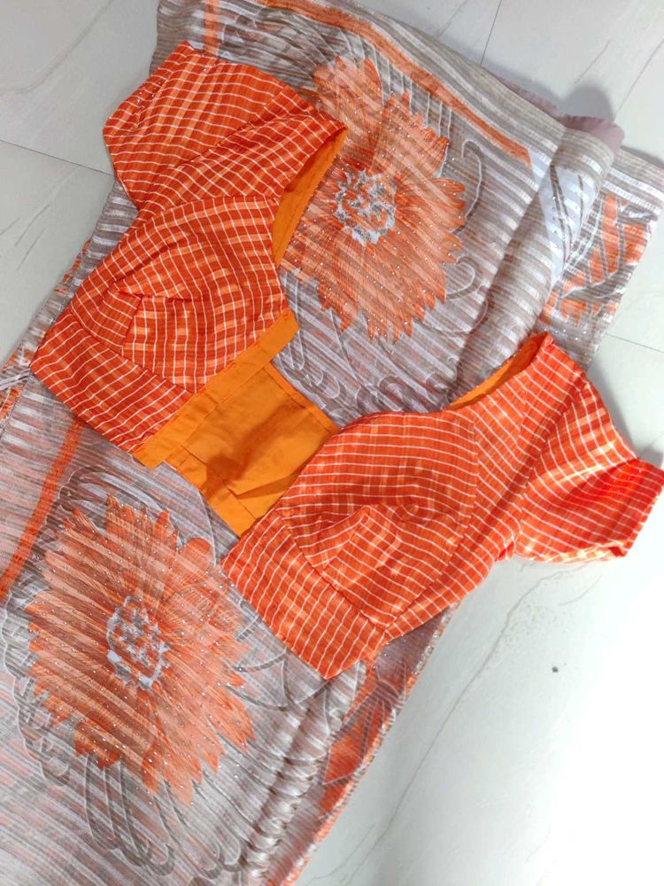 Orange &amp; Grey Floral Saree