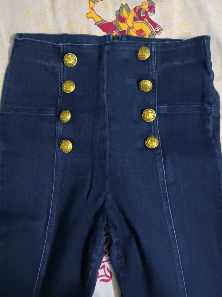High-Waisted Button Denim Jeans