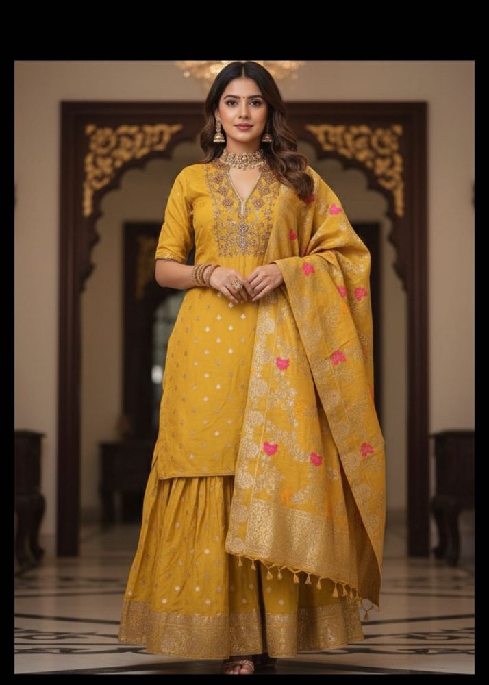 Stone work Ethnic Kurta Sharara Dupatta Set