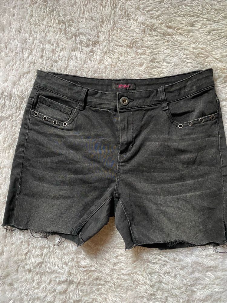 Dark Wash Denim Shorts with Grommet Detail