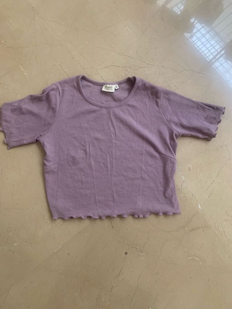 Purple Knit Crop Top with Lettuce Hem
