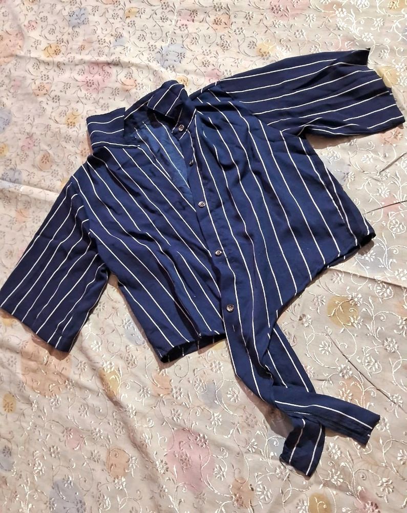 Navy Blue-white Strip Tie-up T-shirt