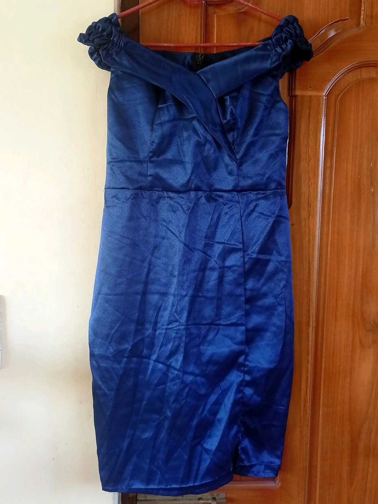 Off Shoulder Satin Blue Dress