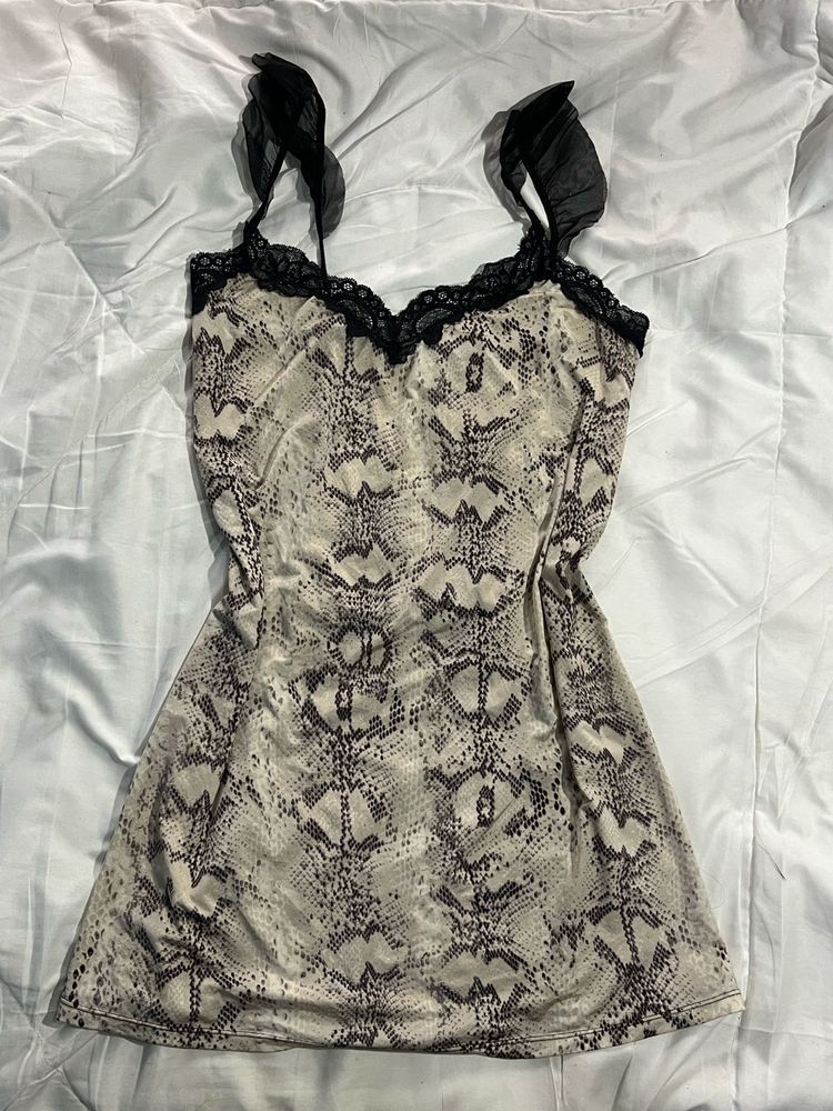 Snake Print Mini Dress with Lace Trim