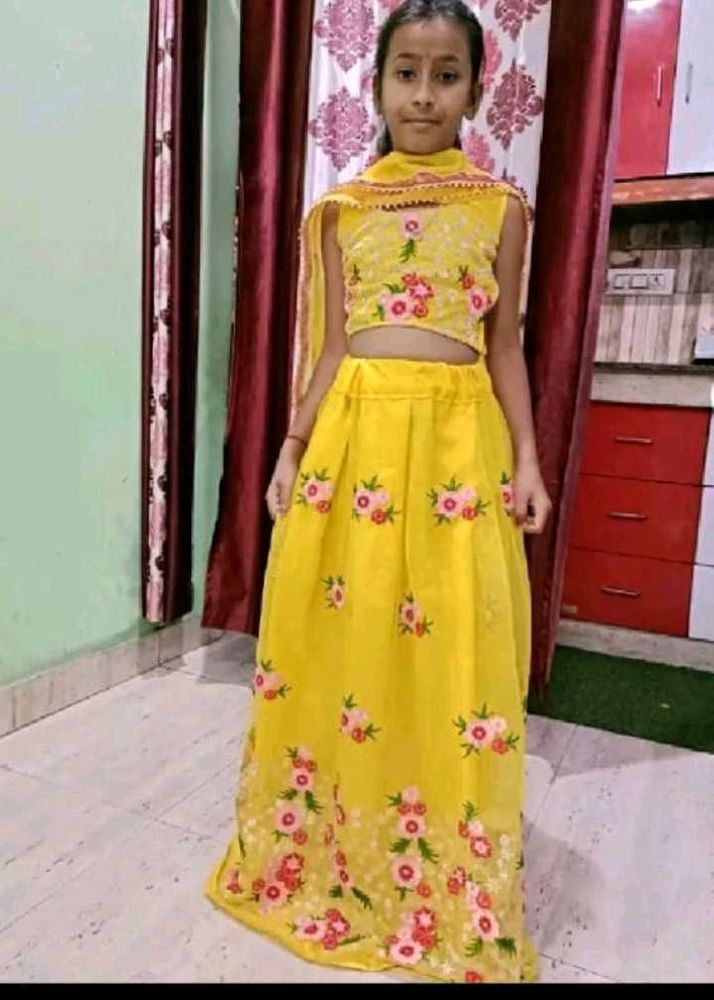 Girl&#39;s Yellow Floral Lehenga Choli