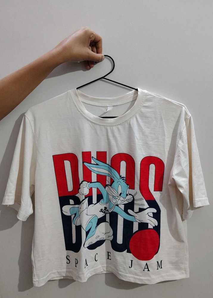 White Crop Printed Tshirt