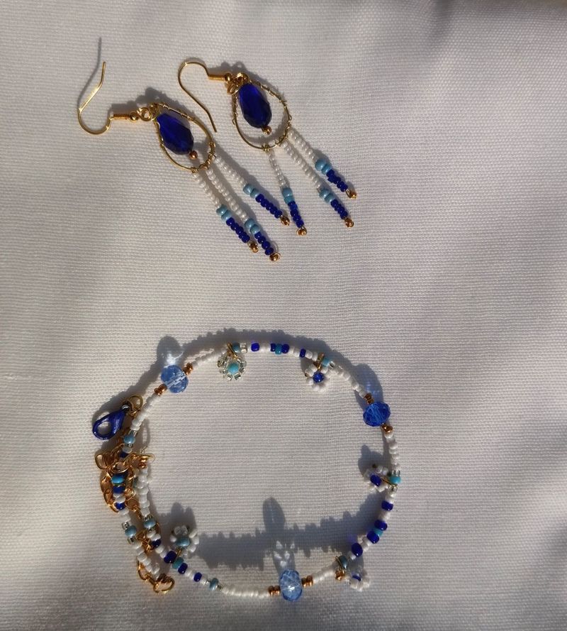 Necklace And Earring Combo Blue White Beaded