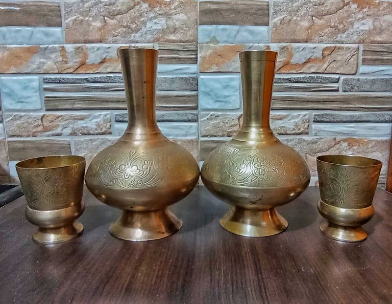 Vintage Brass Pitcher and Glass Set