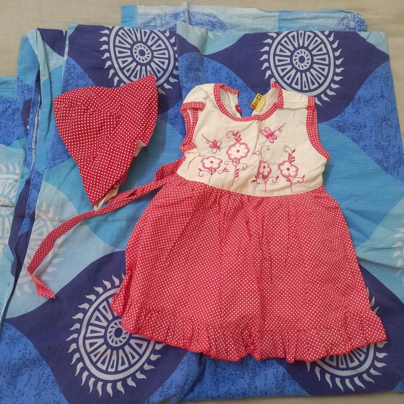 Red  &amp; White Sleeveless Frock with Hat