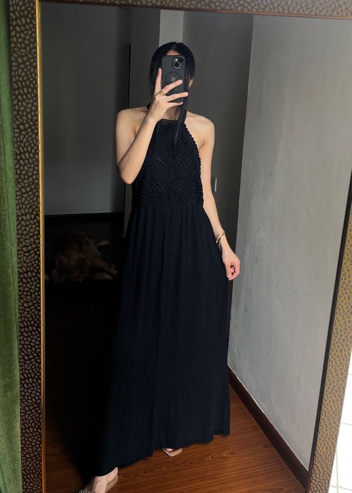 Black Crochet Halter Midi Dress