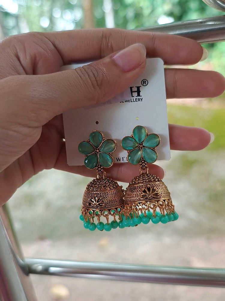 Ethnic Teal Jhumka Earrings with Floral Design