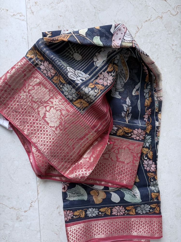 Kalamkari Organza Blue Boarder Saree