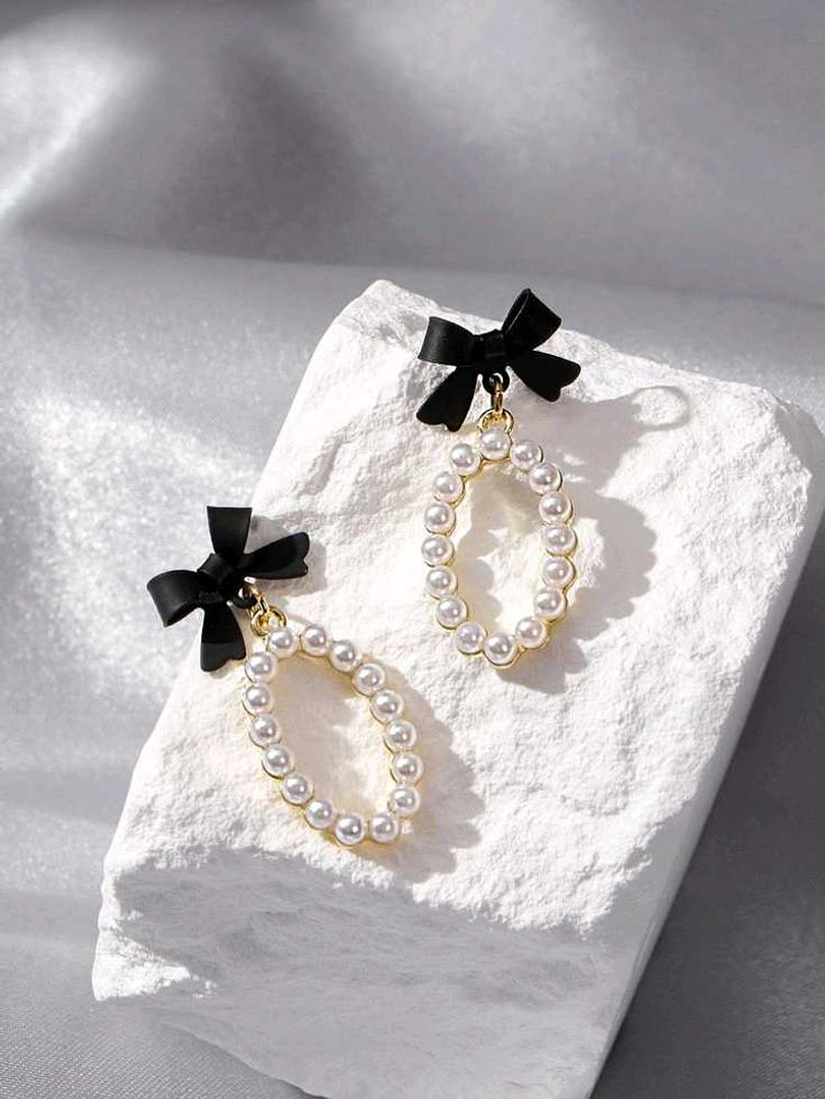 Pearl &amp; Bow Drop Earrings
