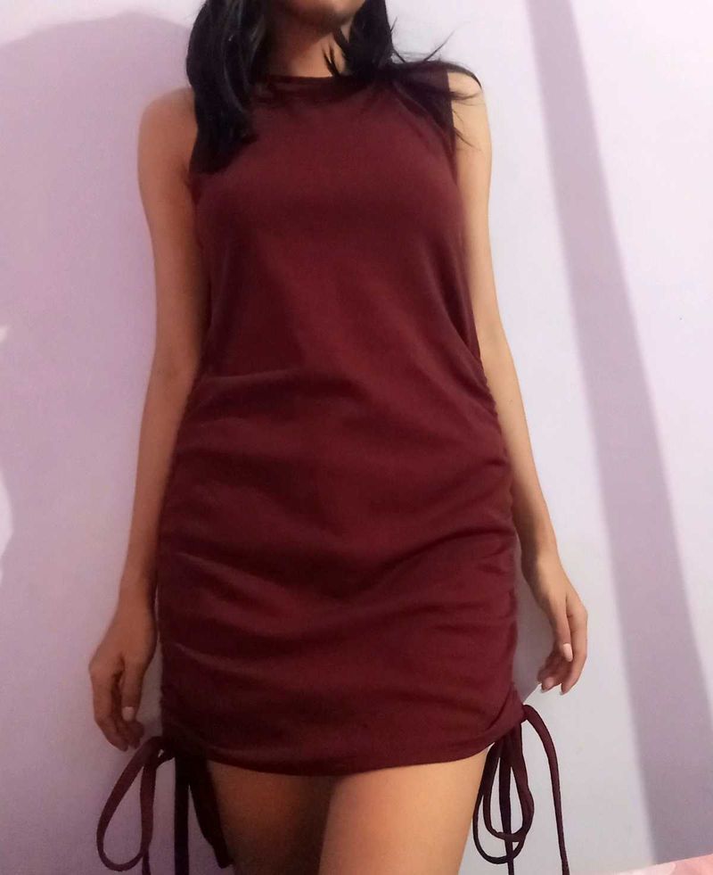 Maroon Bodycon Mini dress With Side Drawstrings