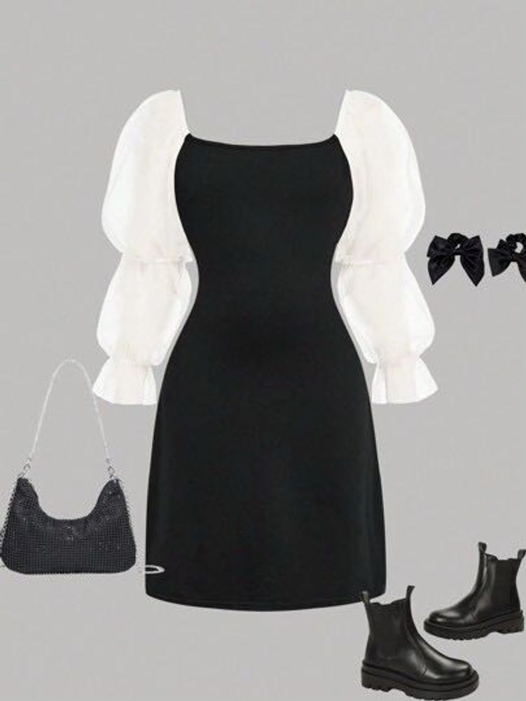 Black Dress with Puff Sleeves
