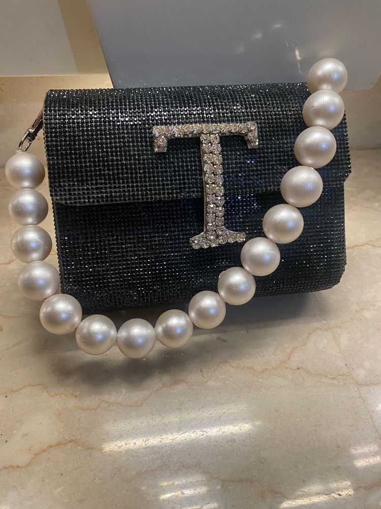 Embellished Mini Black Clutch with Pearl Handle