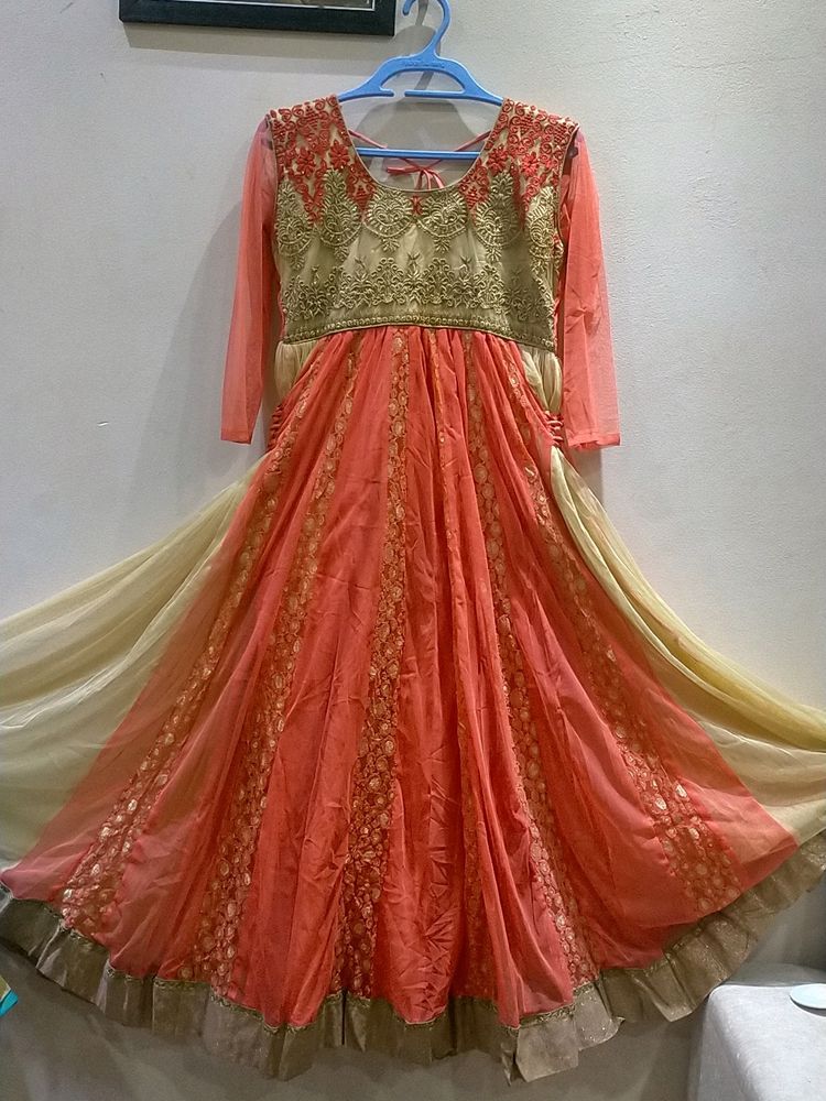 Peach Colour Anarkali Dress ( Net &amp; Silk Fabric)