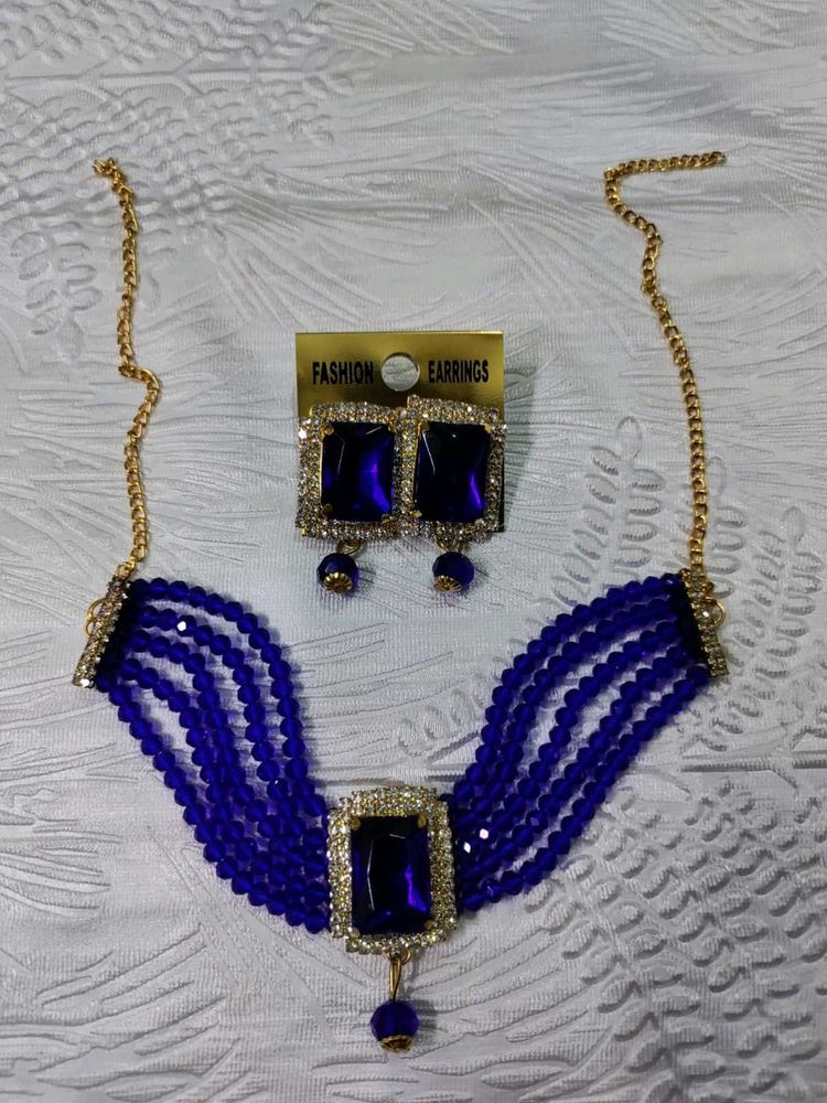 Blue Beaded Necklace &amp; Earring Set
