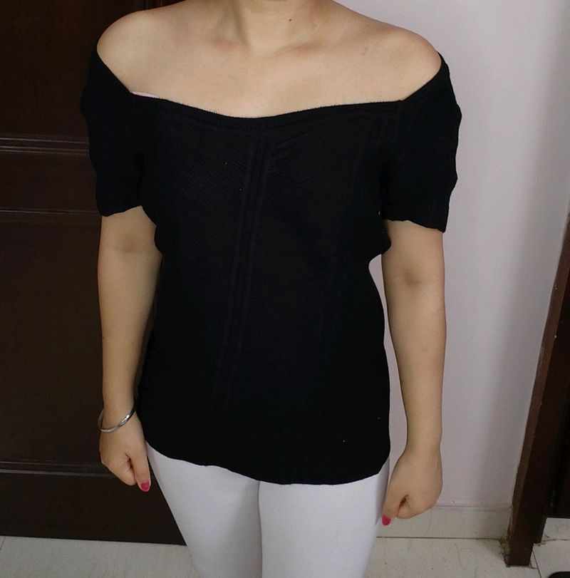 Women Black Off Shoulder Cotton Mix Top
